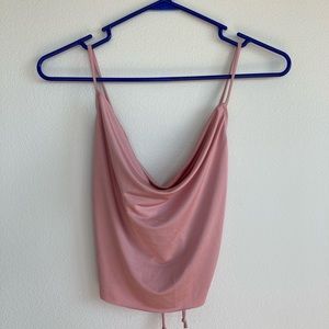 Shiny cowl neck tie back cropped top